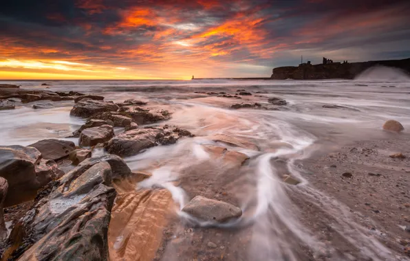 The evening, Threads, Stone, The crimson, Coast, Tide, Boulders