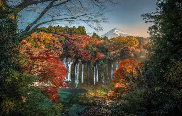 Picture autumn, forest, trees, mountain, waterfall, the volcano, Japan, Japan