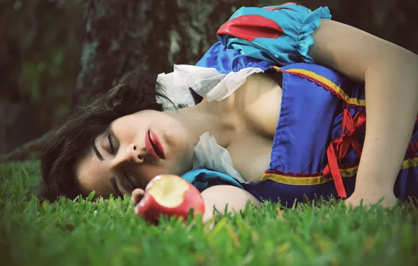 Apple, girl, brunette, sleeping, Snow White, fairy tale