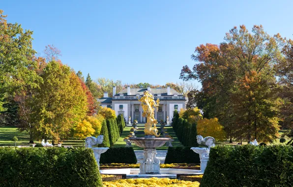 Autumn, the sky, the sun, trees, design, lawn, building, garden