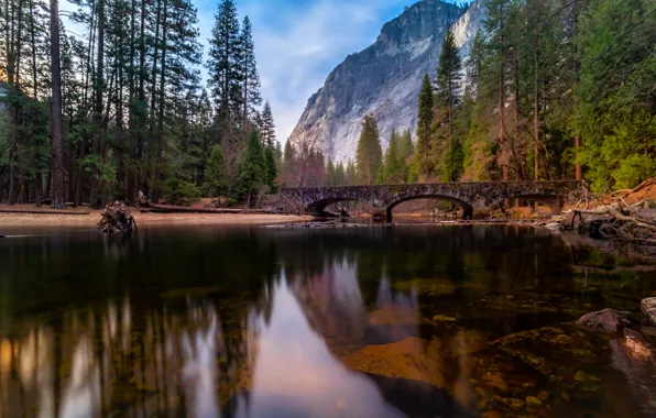 Trees, landscape, mountains, bridge, nature, reflection, river, USA