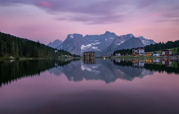 Picture mountains, reflection, the evening, house, pond