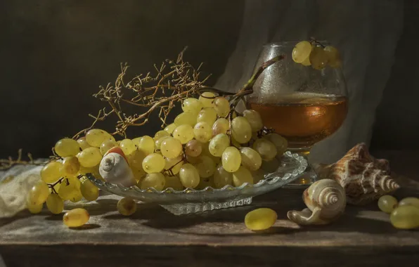 Glass, light, table, wine, glass, branch, grapes, shell