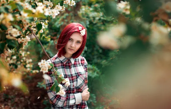 Picture look, girl, flowers, branches, pose, model, portrait, makeup