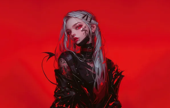 Girl, Art, Devil, Anime, Tattoo, Demon, White Hair, Red Background