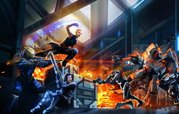 Picture the explosion, weapons, fire, art, battle, mass effect, shepard, Jack