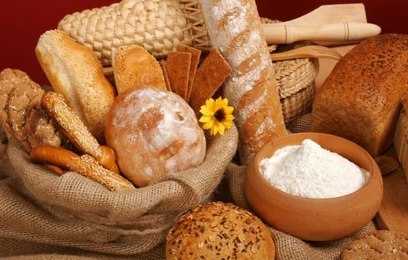 Flower, bread, roll, flour, basket, baton