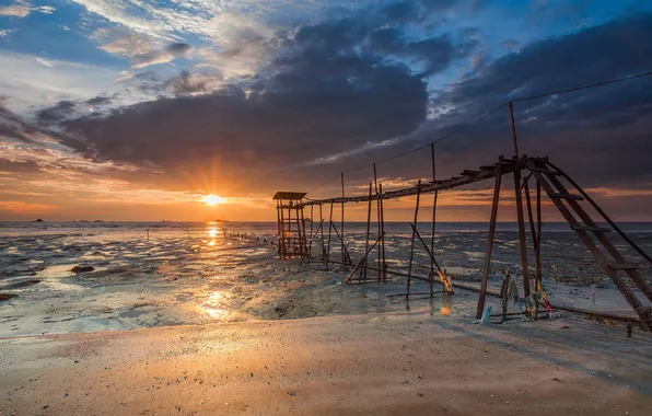 Sea, landscape, sunset, bridge