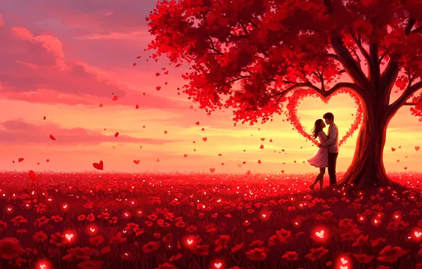 Field, love, flowers, tree, heart, figure, pair, Valentine's day