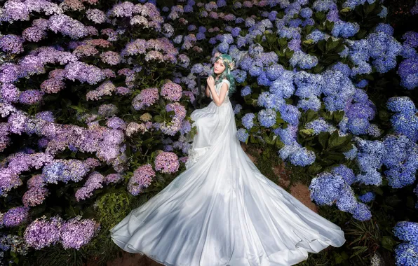 Summer, girl, flowers, pose, white, hands, garden, Asian