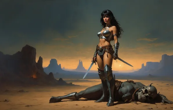 Girl, mountains, desert, skull, man, warrior