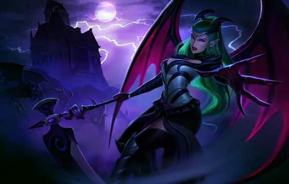 Wallpaper the sky, girl, night, fog, the moon, elf, wings, the demon