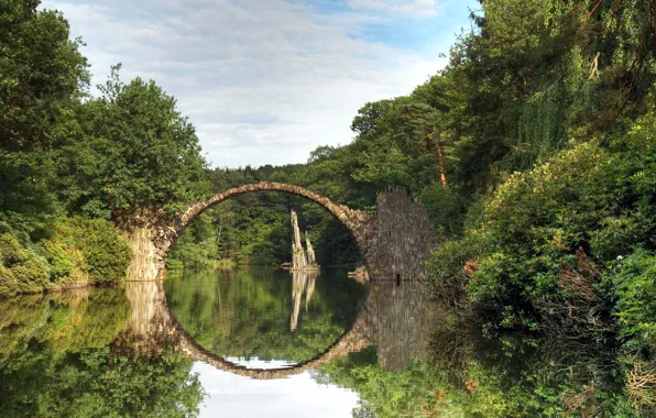 Water, trees, bridge, lake, reflection, Germany, arch, stone