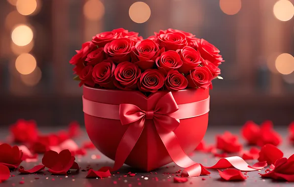 Lights, holiday, box, gift, heart, roses, bouquet, heart