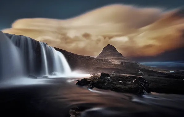 Clouds, mountain, waterfall, Iceland, Kirkjufell