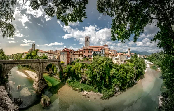 Picture clouds, trees, landscape, branches, bridge, river, home, Italy