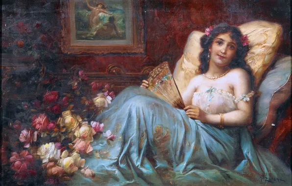 Flowers, Girl, Sofa, Look, Picture, Hans Zatzka, Austrian artist, Hans Zacka