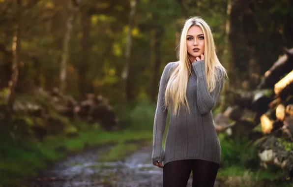 Forest, trees, makeup, figure, hairstyle, blonde, beautiful, nature
