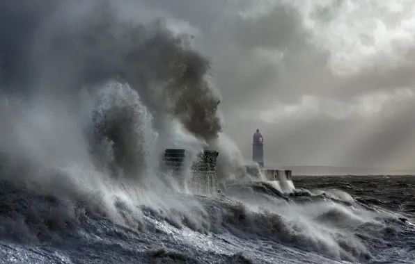 Sea, wave, clouds, clouds, storm, element, wave, lighthouse