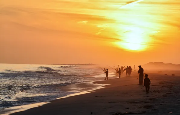Sea, sunset, shore, fishermen