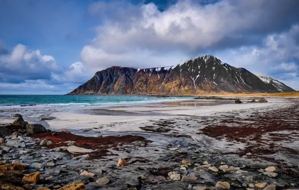 Sea, clouds, stones, coast, mountain, Norway, Lofoten