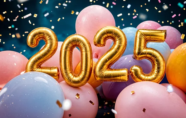 Balls, night, balloons, salute, figures, New year, air, gold plated