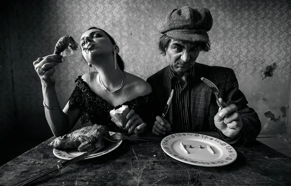 Picture woman, man, meat, lunch, diet