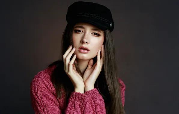 Picture look, girl, face, background, portrait, hands, cap, sweater