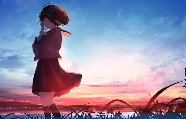 Picture water, sunset, schoolgirl