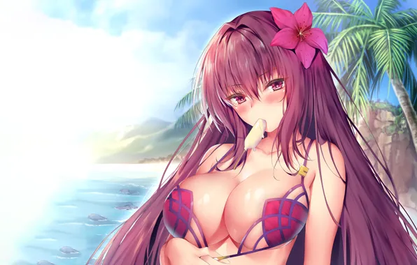 Girl, sexy, cleavage, beach, long hair, sea, boobs, anime