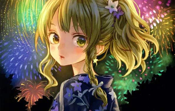 Picture girl, fireworks, yukata, curiosity, art, amatou