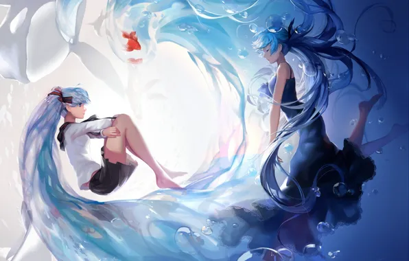 Fish, bubbles, girls, anime, art, vocaloid, hatsune miku, deep-sea girl