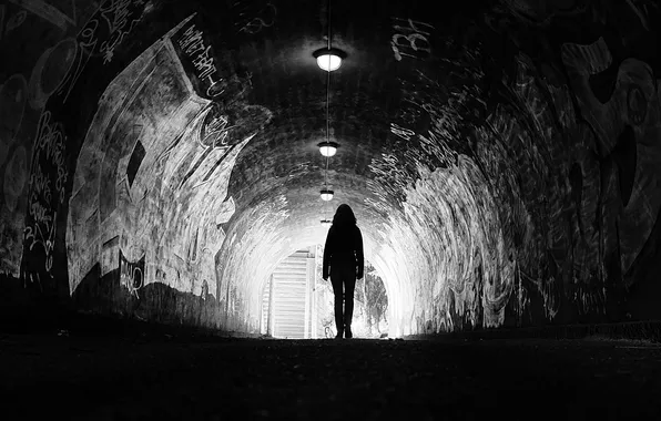 Girl, light, bike, street, graffiti, back, silhouette, lights