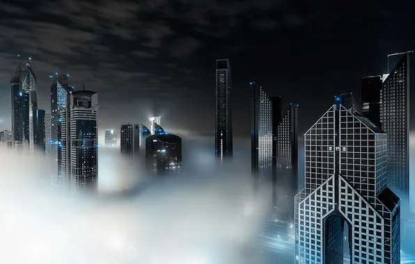 Clouds, night, the city, fog, Dubai, Dubai, UAE