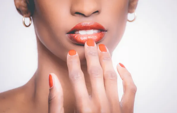 Earrings, white background, manicure, manicure, white background, earrings, bright lipstick, part of the face