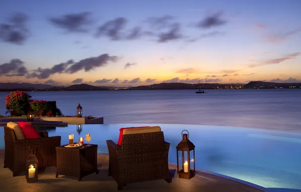 The city, lights, the ocean, coast, Villa, the evening, candles, pool