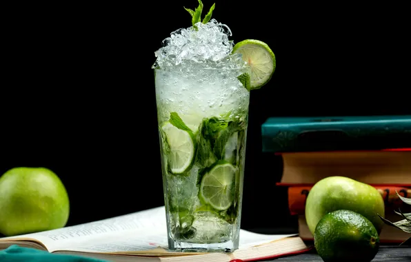 Picture glass, ice, mojito, lime, mint