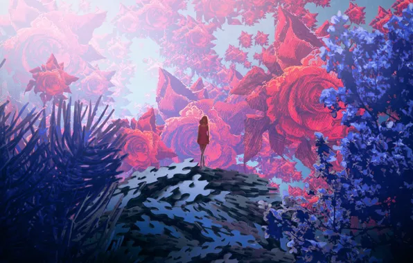 Flowers, Girl, Garden, Branches, Tree, Puzzles, Art, Abstract