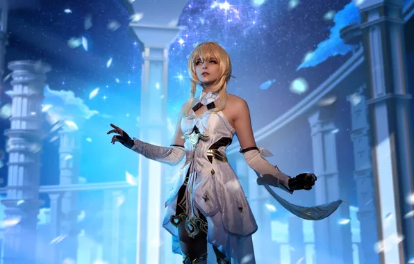 Girl, magic, petals, dress, blonde, costume, outfit, columns