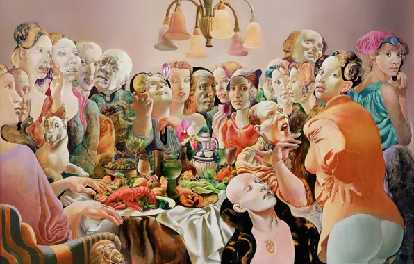 People, chandelier, feast, 1993, Figurative painting, Normunds Braslins, The Company I