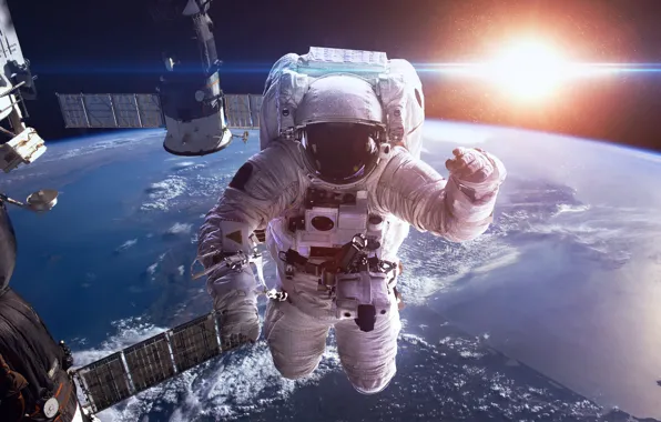The sun, Station, Earth, Astronaut, Astronaut, Satellite, Planet, Station