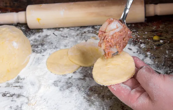 Table, spoon, handle, the dough, dumplings, rolling pin, minced, cooking