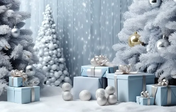 Winter, snow, balls, tree, New Year, Christmas, gifts, golden
