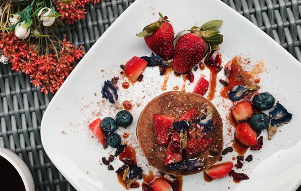 Flowers, berries, chocolate, bouquet, strawberry, plate, dessert, syrup