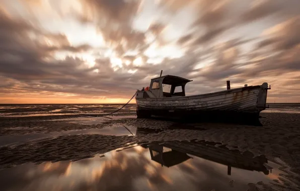 Sea, landscape, sunset, boat, stranded