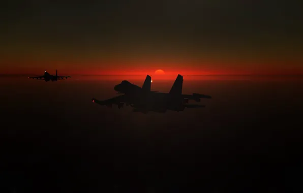 Picture Sunset, The sun, The sky, The game, The plane, fighter, Russia, BBC