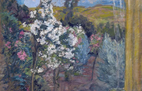 Trees, landscape, spring, garden, window, flowering, Henri Lebacq, View of the Garden from the Window