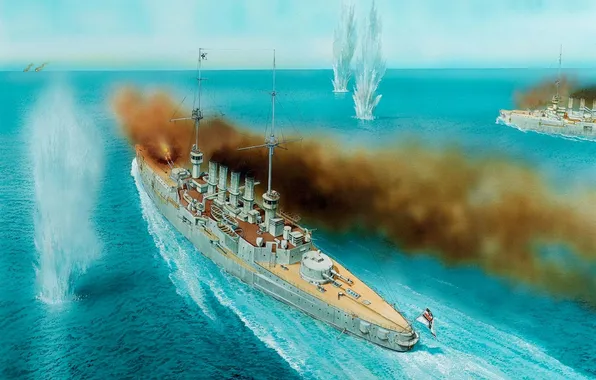 Picture smoke, figure, art, shots, German, breaks, naval battle, WW1