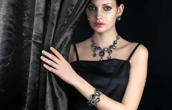 Girl, decoration, makeup, dress, brunette, hairstyle, black background, in black