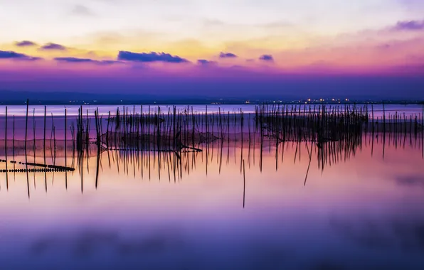 Clouds, sunset, lake, reflection, posts, mirror, fishnet
